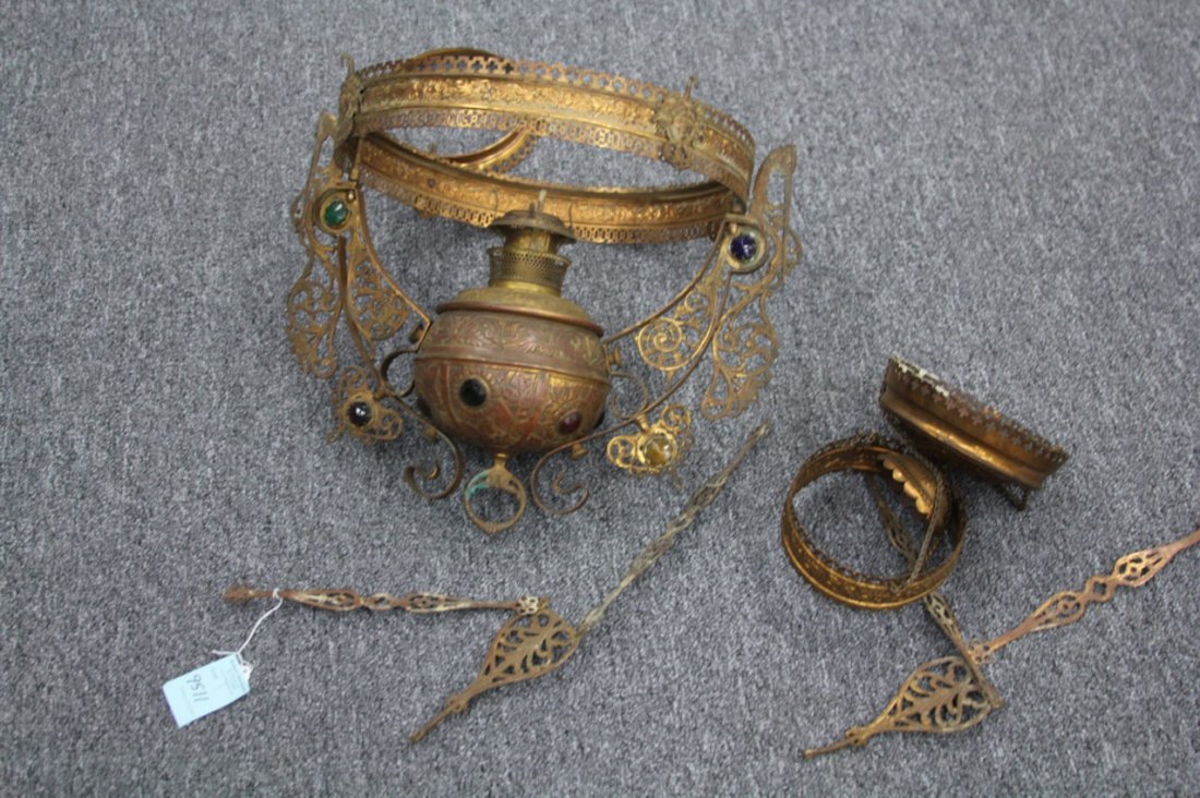 AMERICAN VICTORIAN BRASS JEWELED HANGING LAMP: no shade