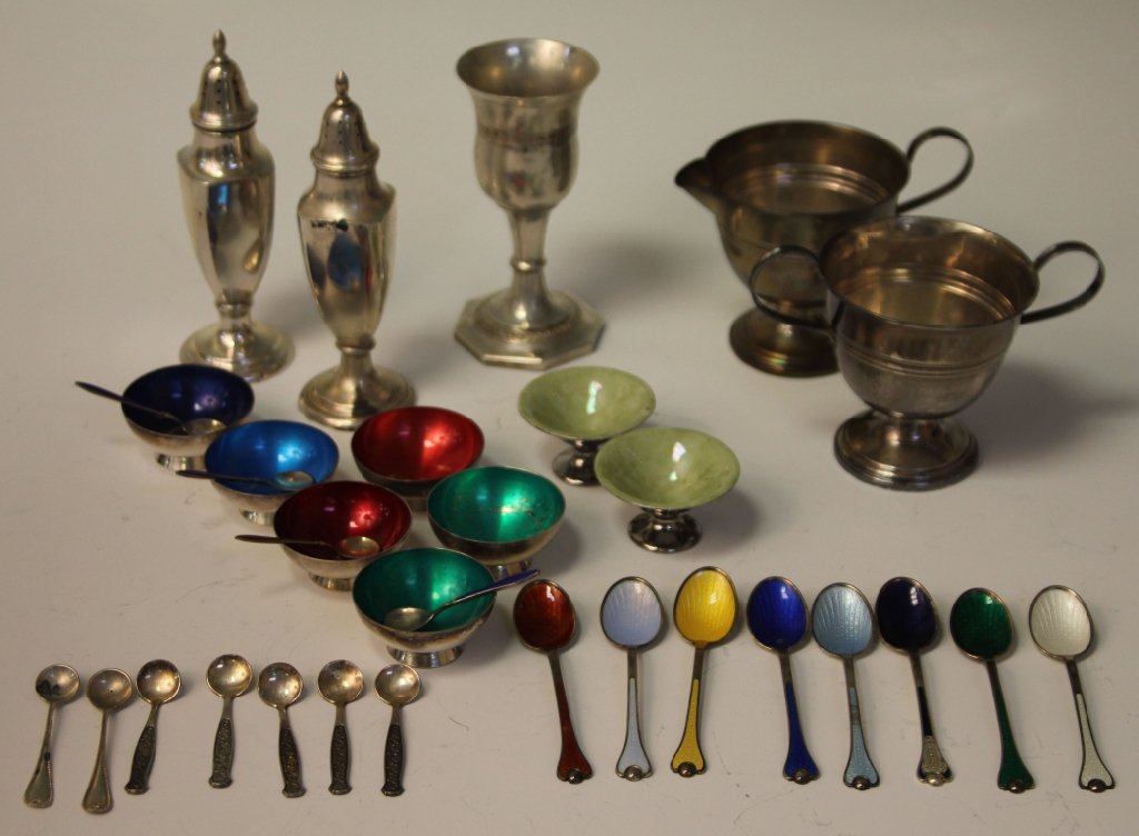 LOT OF STERLING AND SILVERPLATE: Sterling creamer and sugar, enameled spoons, salts