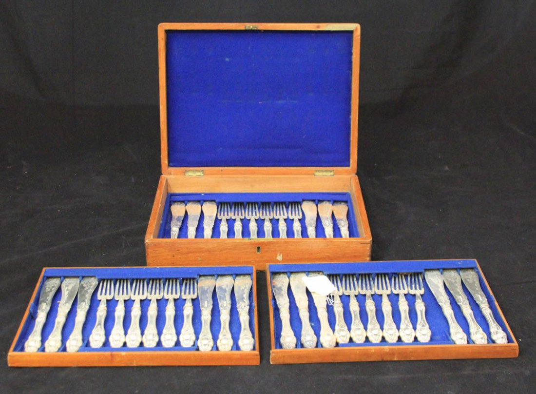 VICTORIAN BOXED SILVER FISH SET, ENGLISH HALLMARKS: Total of (36) pcs- three trays