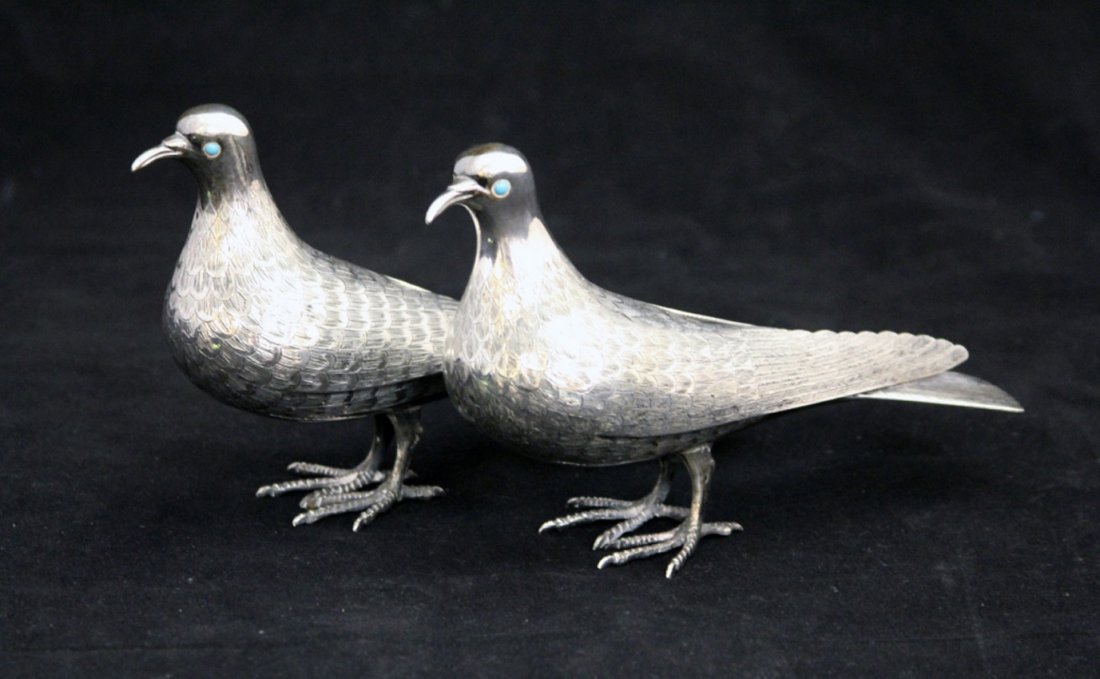 PAIR OF EUROPEAN SILVER OVER METAL PHEASANTS: Height- 5", Length- 7" Note- Hallmarks on back tail