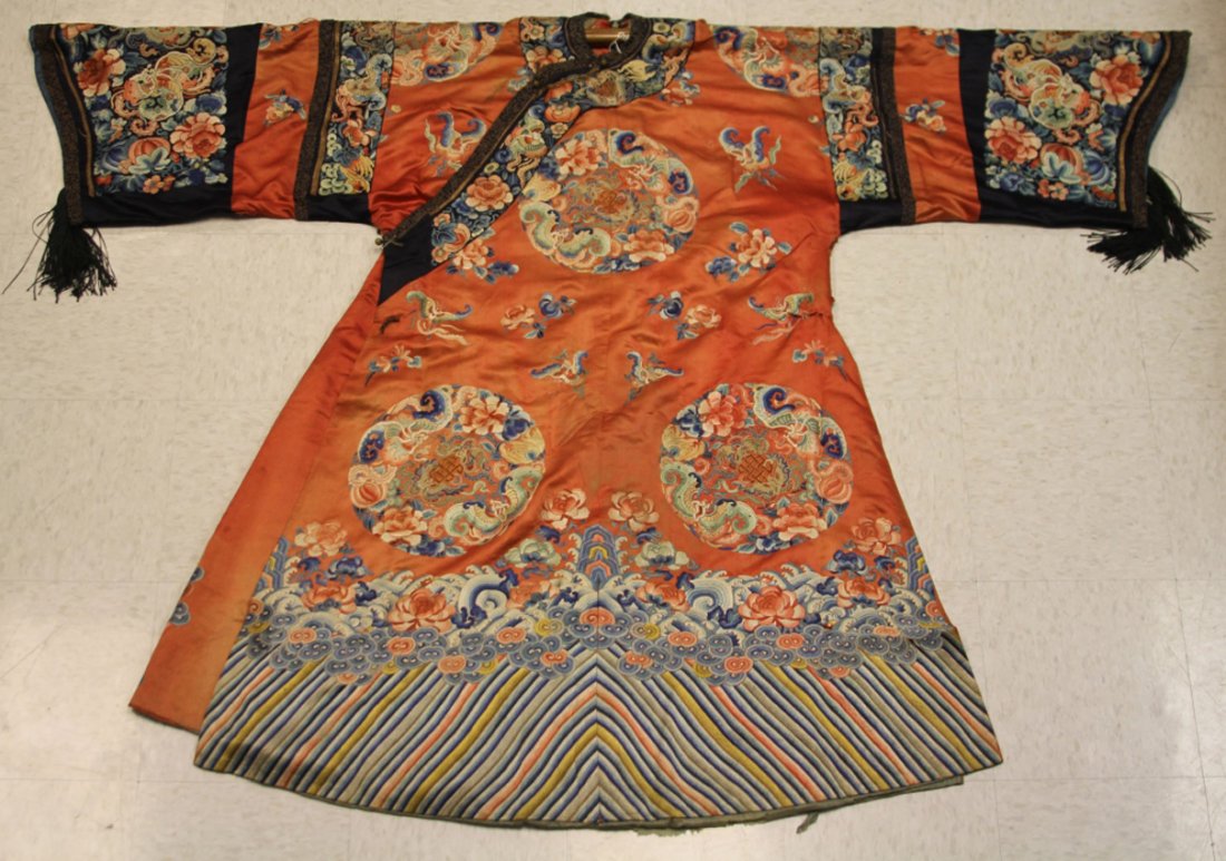 QING DYNASTY SILK EMBROIDERED ROBE, 19TH CENTURY: Length- 56" Condition- wear, loss of threads, stains