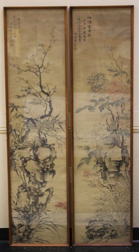 LOT OF (2) VINTAGE CHINESE PAINTINGS: With two stamp marks Sight- 14 1/4" x 59" Overall framed- 15 3/4" x 61 1/4"
