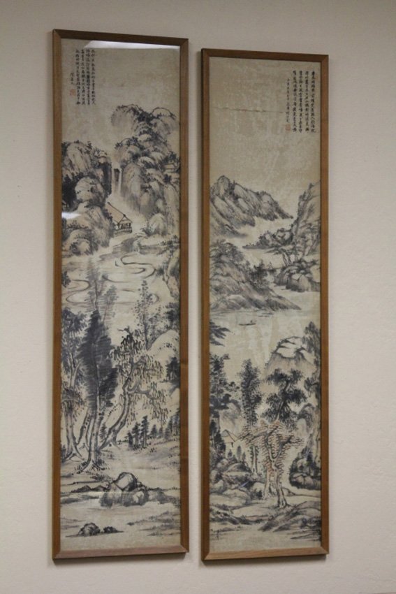LOT OF (2) VINTAGE CHINESE PAINTINGS: With one stamp mark Sight- 12 3/4" x 51" Overall framed- 14 1/2" x 53 1/4"
