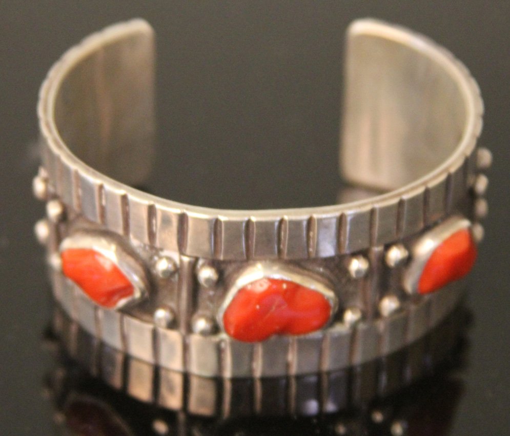 NATIVE AMERICAN SILVER CORAL BRACELET: Weight- 77 grams