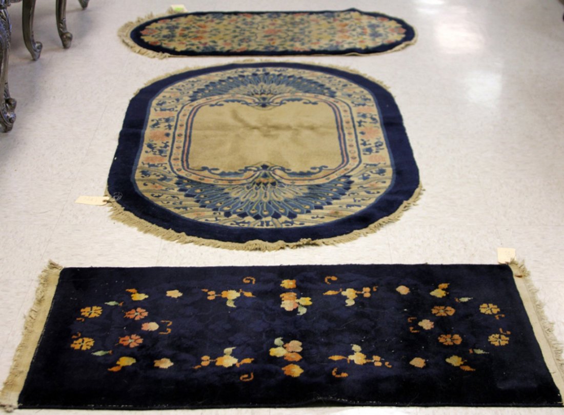 LOT OF (3) VINTAGE CHINESE WOOL CARPET: Overall- 23" x 48",. 37" x 59"