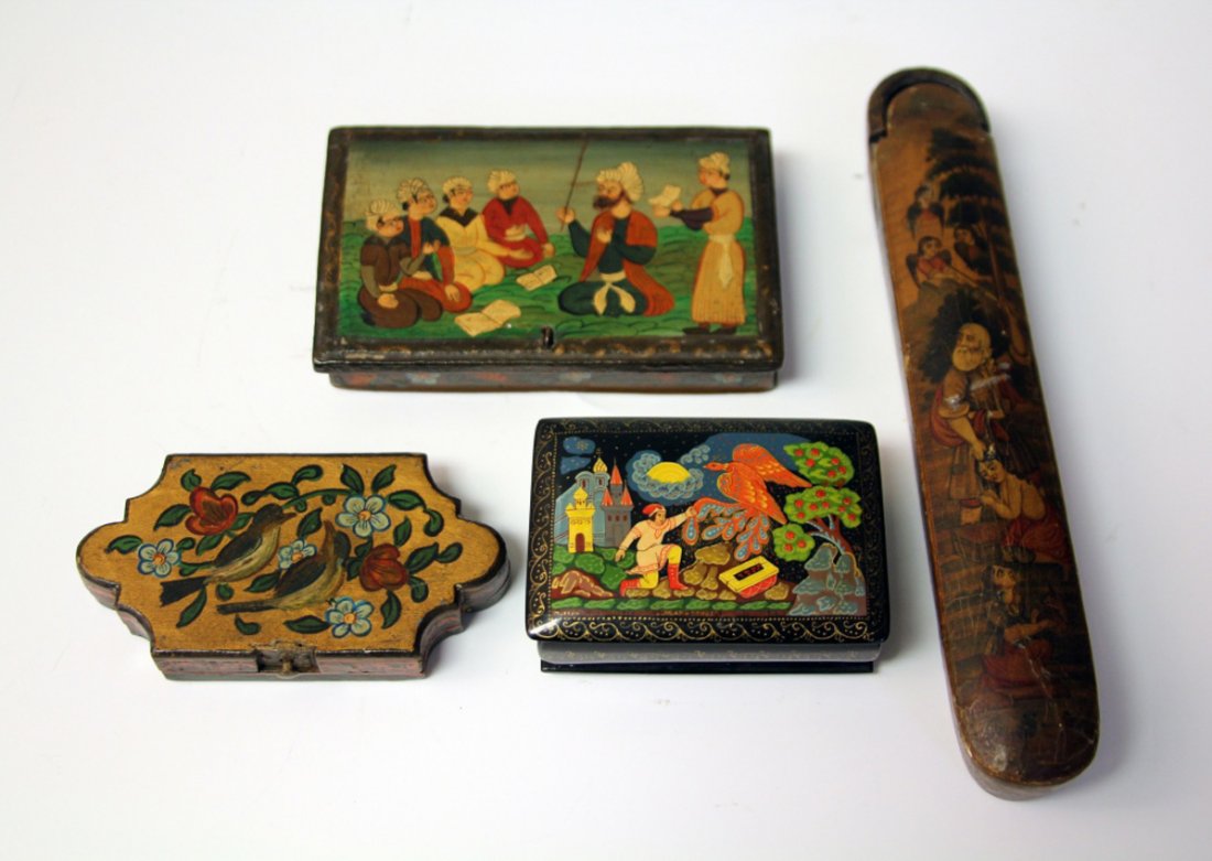 LOT OF (4) VINTAGE RUSSIAN LACQUERED BOXES: Length- 4"- 9"