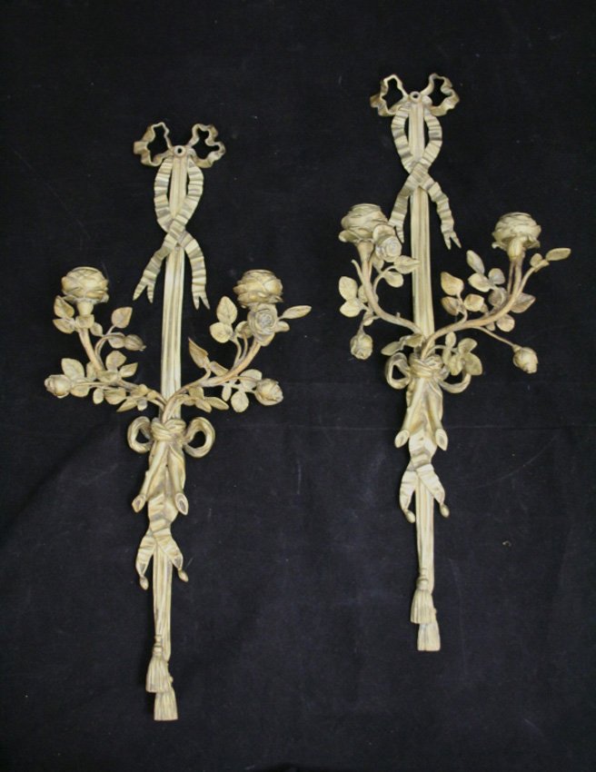 PAIR OF FRENCH CAST METAL WALL SCONCES: Length- 22"