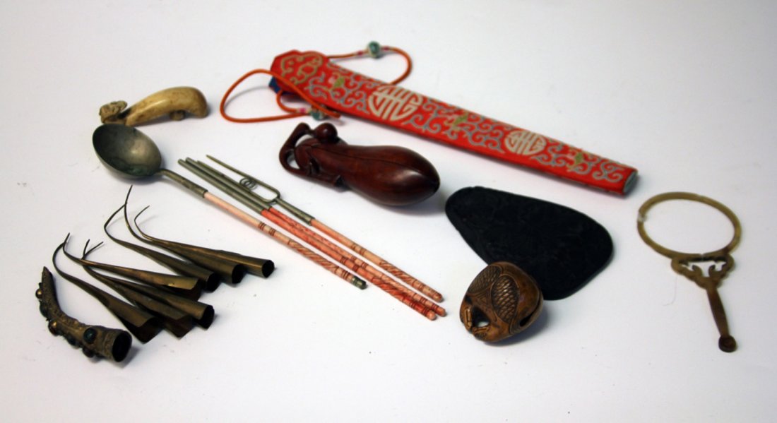 ASSORTMENT OF VINTAGE ASIAN DECORATIVE: Chinese nail tips, ink stone, chop sticks, Netsuke