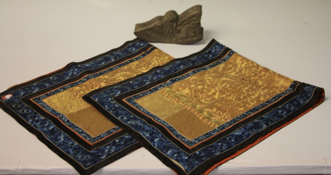 LOT OF CHINESE DECORATIVE ITEMS: Qing Dynasty silk altar cloth, pewter dish Length of dish- 8"