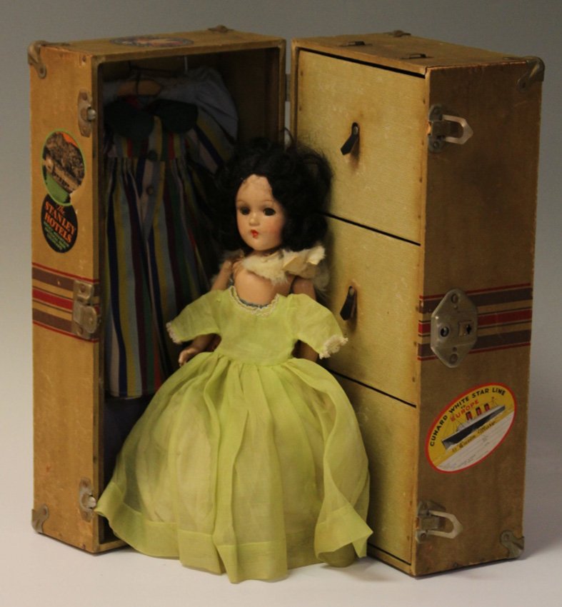 VINTAGE DOLL TRUNK WITH CLOTHING AND DOLL: Height of doll truck- 18"