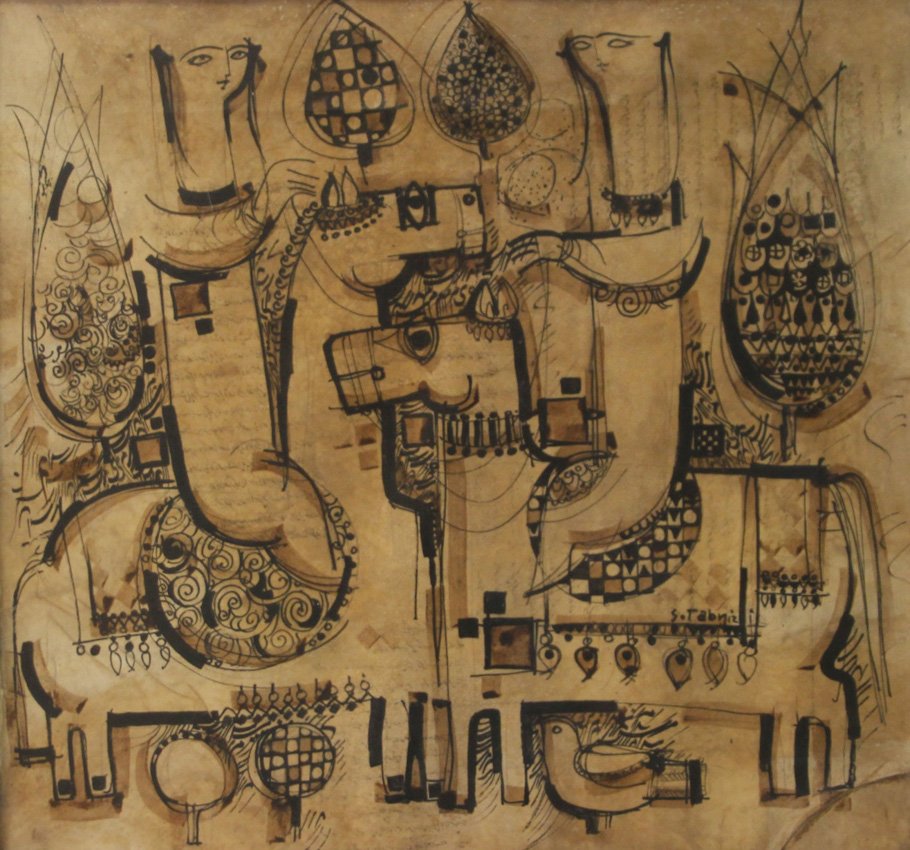 MID CENTURY IRANIAN PAINTING ON VELLUM: Sight- 20 1/2" x 21 1/2" Overall- 23" x 24"
