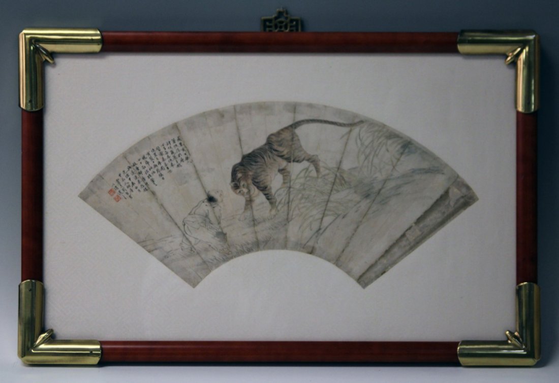 EARLY CHINESE PAINTING OF FAN: Modern framing Overall- 16 1/4" x 25 1/4"