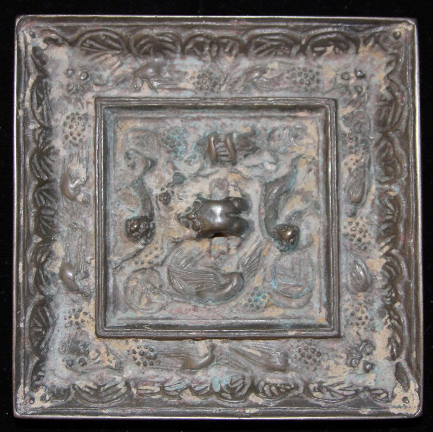 CHINESE BRONZE MIRROR: From the published book of "Early Chinese Stone and Circular Art" by Chad Herrington. Tang DynastyOverall- 4 1/2' x 4 1/2"