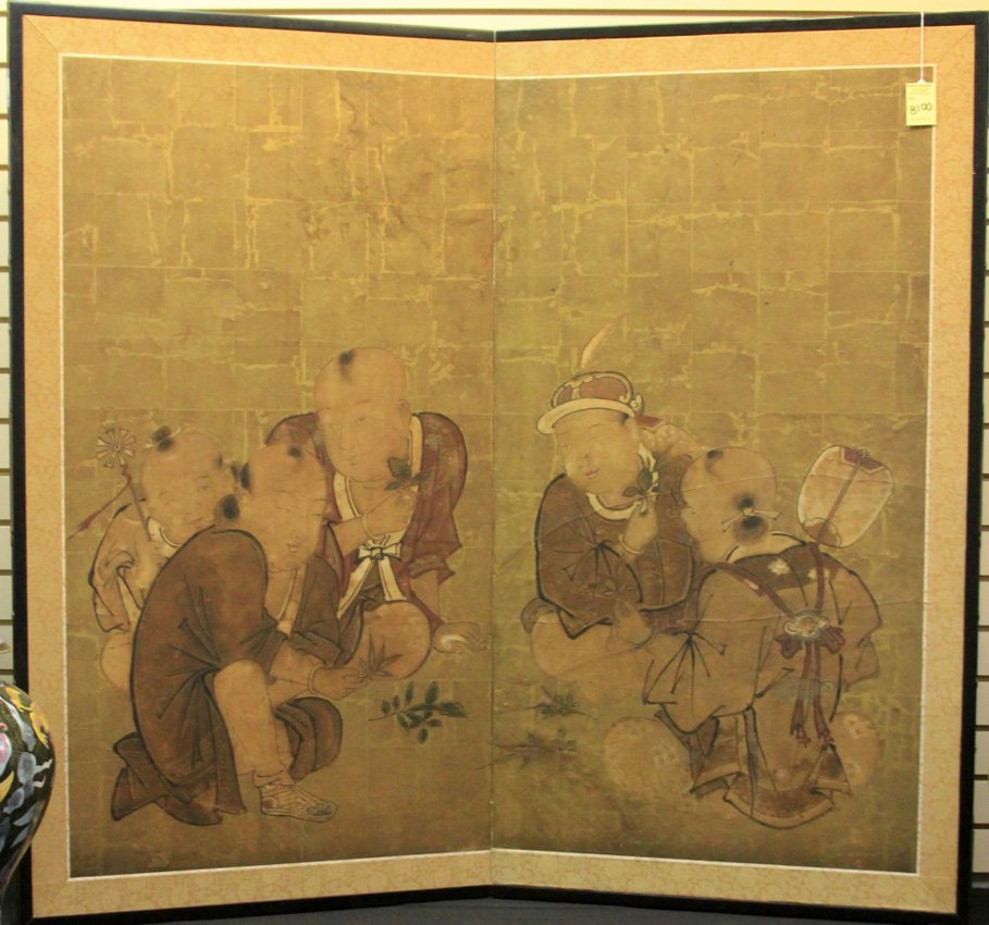 EARLY JAPANESE PAINTED TWO PART SCREEN: Children playing Each panel- 28" x 51"