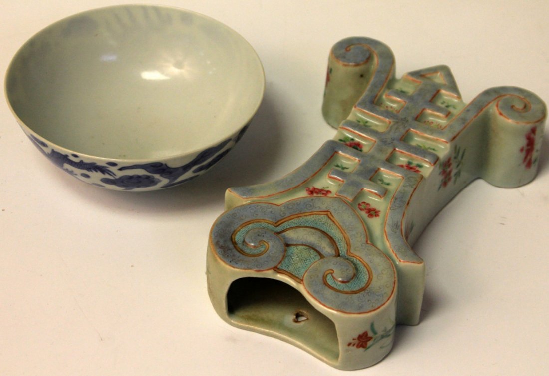 LOT OF (2) CHINESE PORCELAIN VASE AND BOWL: Length of wall pocket vase- 8" Diameter of bowl- 5 1/2"