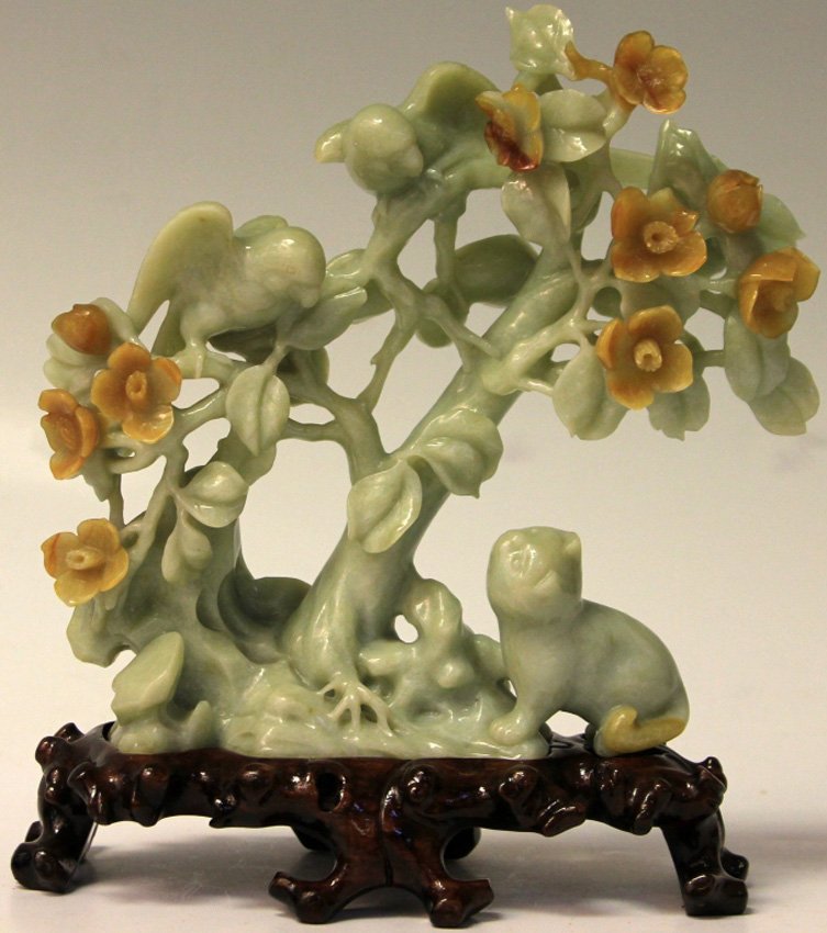 CHINESE CARVED FIGURAL OF CATS AND BIRD: Height of carving only- 7"