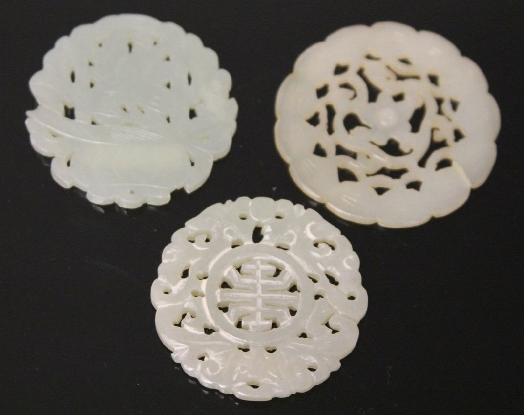 LOT OF (3) VINTAGE CHINESE JADE CARVINGS: Provenance- The Sutton Collection Diameter- 2"- 2 1/4" Weight- 57 grams