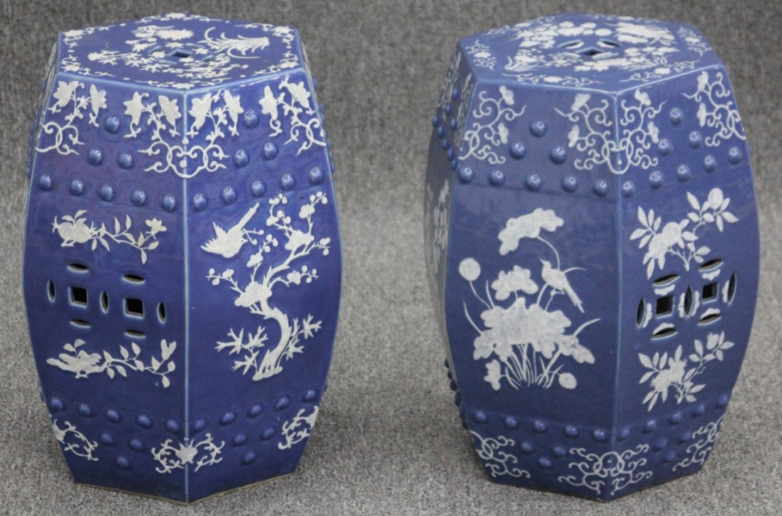 PAIR OF CHINESE BLUE AND WHITE GARDEN SEATS: Height- 18 1/2"