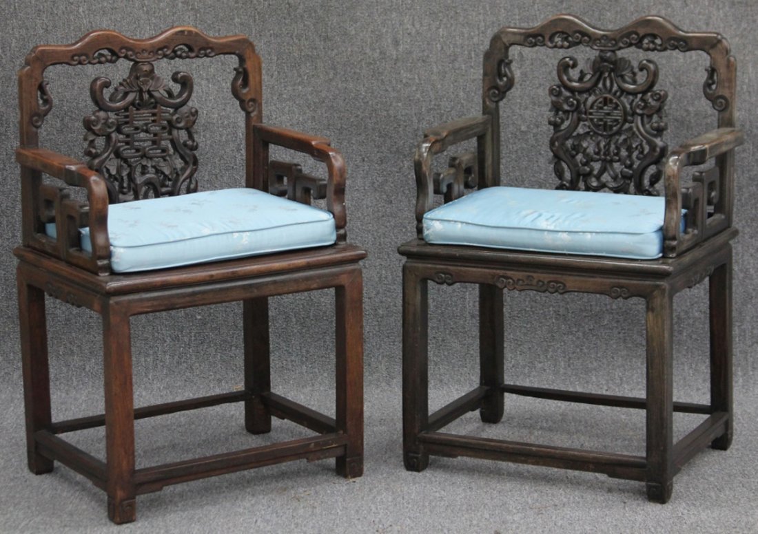 PAIR OF QING DYNASTY CARVED ARM CHAIRS: Height- 38 1/2"