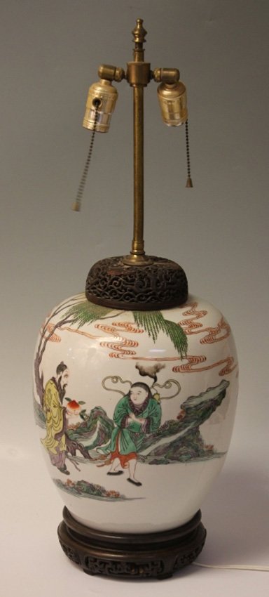 VINTAGE CHINESE PORCELAIN GINGER JAR: Converted into lamp Overall height of lamp- 27"