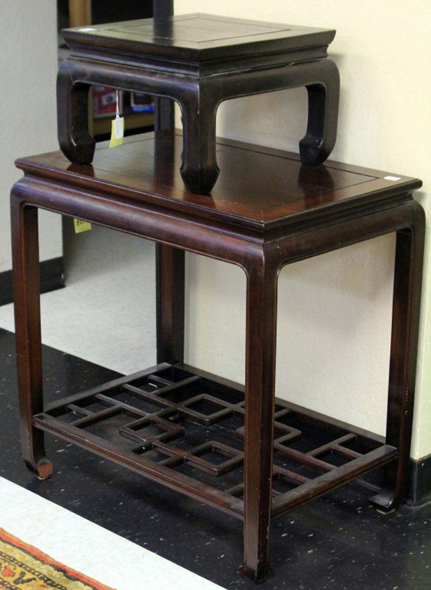 LOT OF (2) VINTAGE CHINESE WOOD TABLES: Height- 10 1/2", 28" Length of tops- 15", 27"