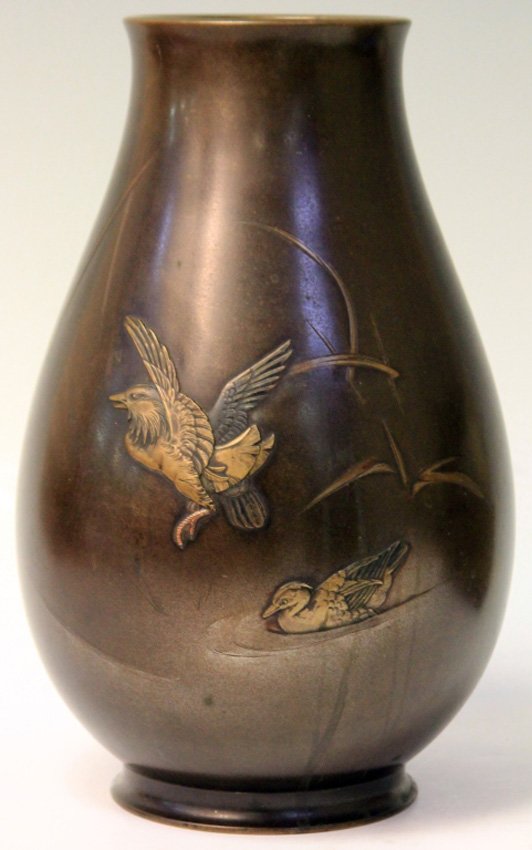 VINTAGE JAPANESE BRONZE MIXED METAL VASE: signed on side Height- 12"
