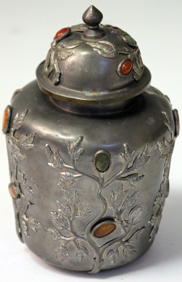 QING DYNASTY PEWTER TEMPLE JAR WITH JADE: With Carnelian stonesHeight- 9\"