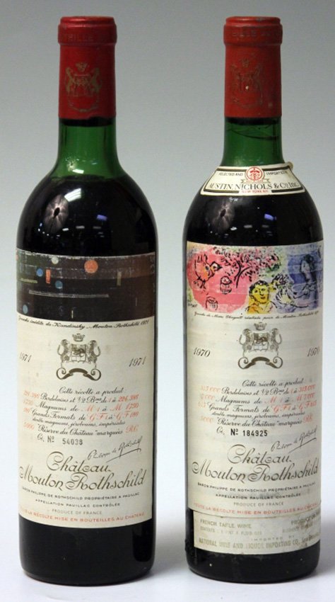 LOT OF (2) CHATEAU MOUTON ROTHSCHILD, 1970-71: With Chagall, and Kandinsky labels IMPORTANT:Due to California licensing regulations all wine must be shipped to the buyer's address. No in-person pick ups are permitted.