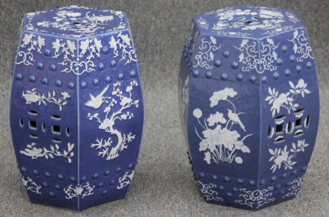 PAIR OF CHINESE BLUE AND WHITE GARDEN SEATS: Height- 18 1/2"