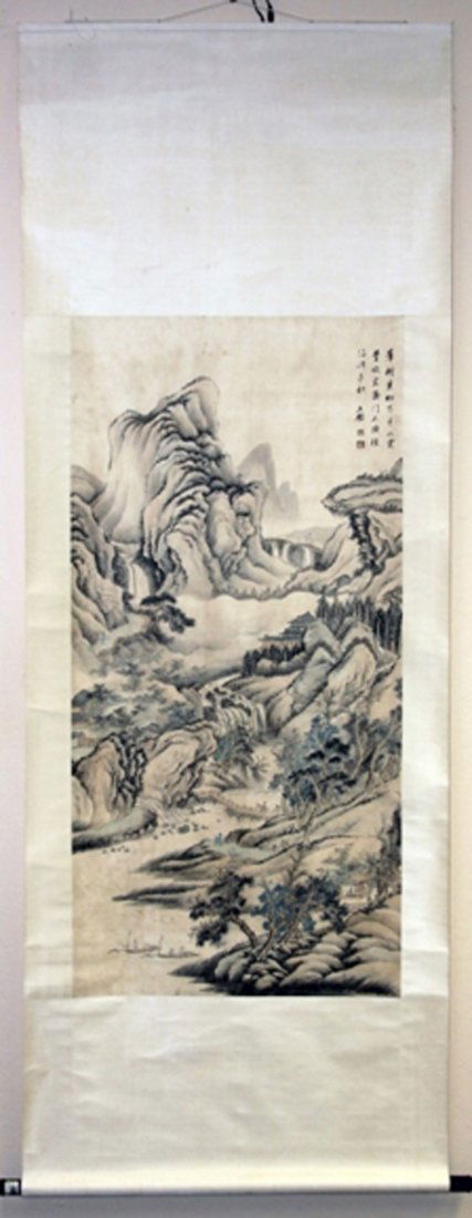 VINTAGE CHINESE PAINTING, MOUNTAIN LANDSCAPE: with figures Sight- 25" x 51 1/2" Overall- 33" x 87"