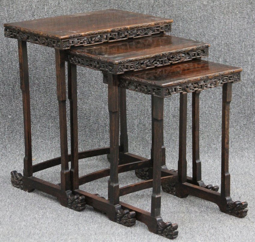 SET OF (3) CHINESE CARVED NESTING TABLES: Height- 21"- 26" Width- 21"