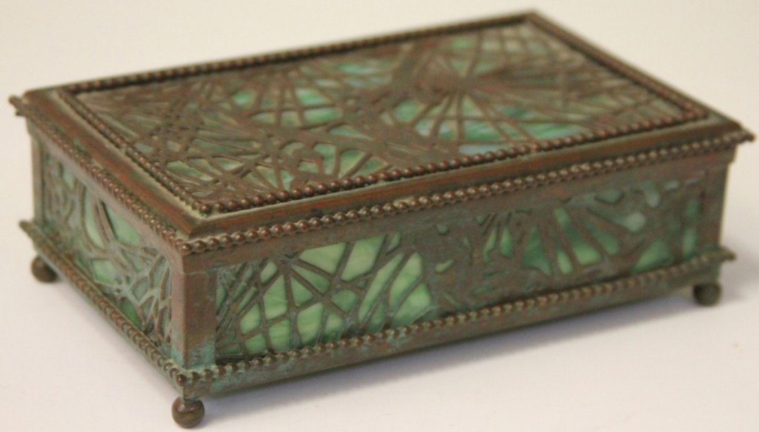 TIFFANY STUDIOS LETTER BOX: Length- 6 3/4" Condition- crack to one panel