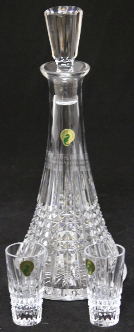 LOT OF (3) WATERFORD DECANTER AND SHOT GLASSES: Height- 3 3/8", 13 1/4"