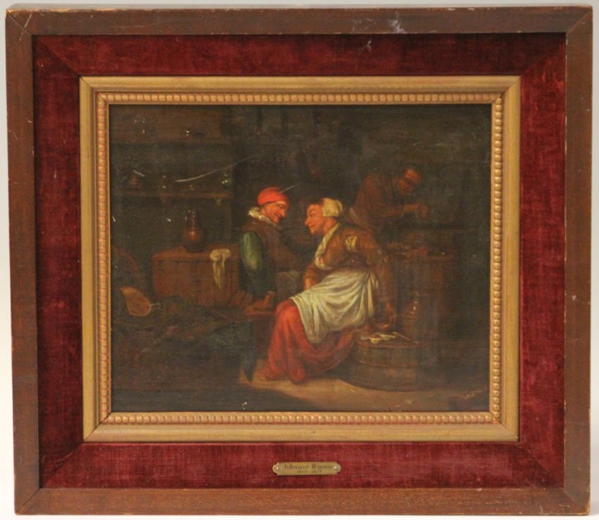 ADRIAEN BROUWER, OIL ON BOARD: Interior scene Sight- 11" x 13" Overall- 15" x 17"