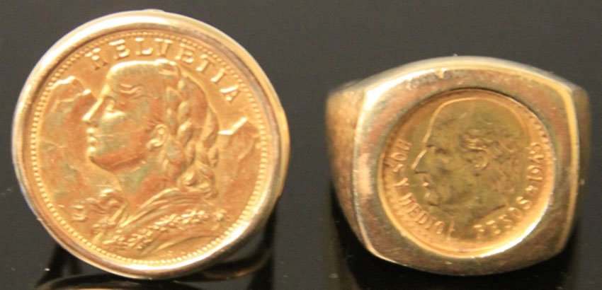 LOT OF (2) MEXICAN & SWISS FRANC COIN RINGS, 14KT (1 of 1)