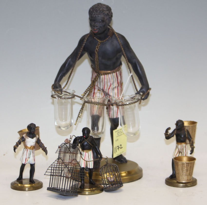 LOT OF (4) CAST METAL BLACKMOOR METAL STATUES: bearing baskets and cages Height- 5"- 14"