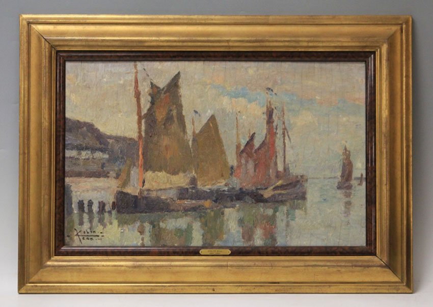 JEAN COLIN, OIL ON BOARD: Harbor sceneSight - 15 1/2" x 25 1/2"Overall - 23" x 32 1/2"