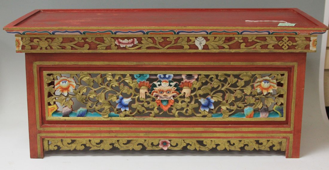 TIBETAN CARVED WOOD ALTER TABLE: Height - 14 1/2"