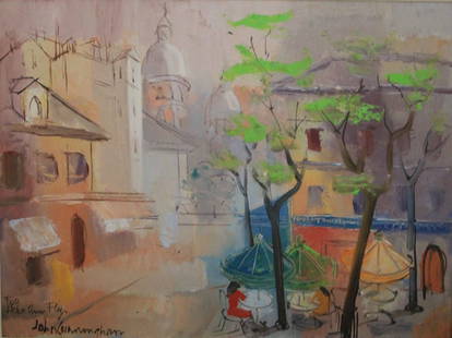 JOHN CUNNINGHAM, OIL ON BOARD: Paris street scene Sight- 18" x 24" Overall- 22 1/4" x 28"