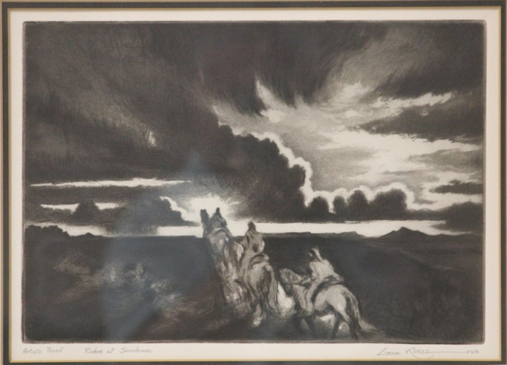 GENE KLOSS (1903-1996), LITHOGRAPH: Riders at Sundown, A.P. Pencil signed