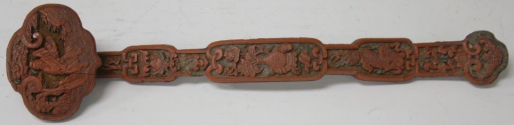 EARLY CHINESE CINNABAR SCEPTER: Condition- some losses Length- 15 1/2"