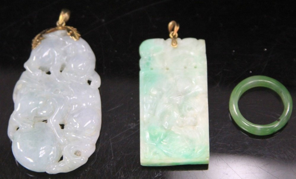 LOT OF (3) JADE, CARVED PENDANTS AND RING (1 of 1)