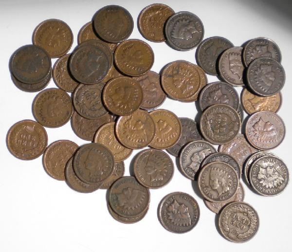 50 Indian Head Cents, Mixed Dates: 50 assorted mixed dates all have full dates