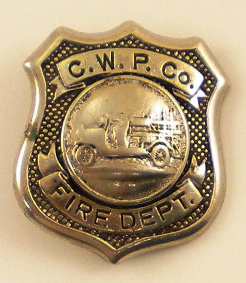 C.W.P. Co. Fire Dept. Badge: Original Fire Department badge, 1-5/8" x 1-7/8"
