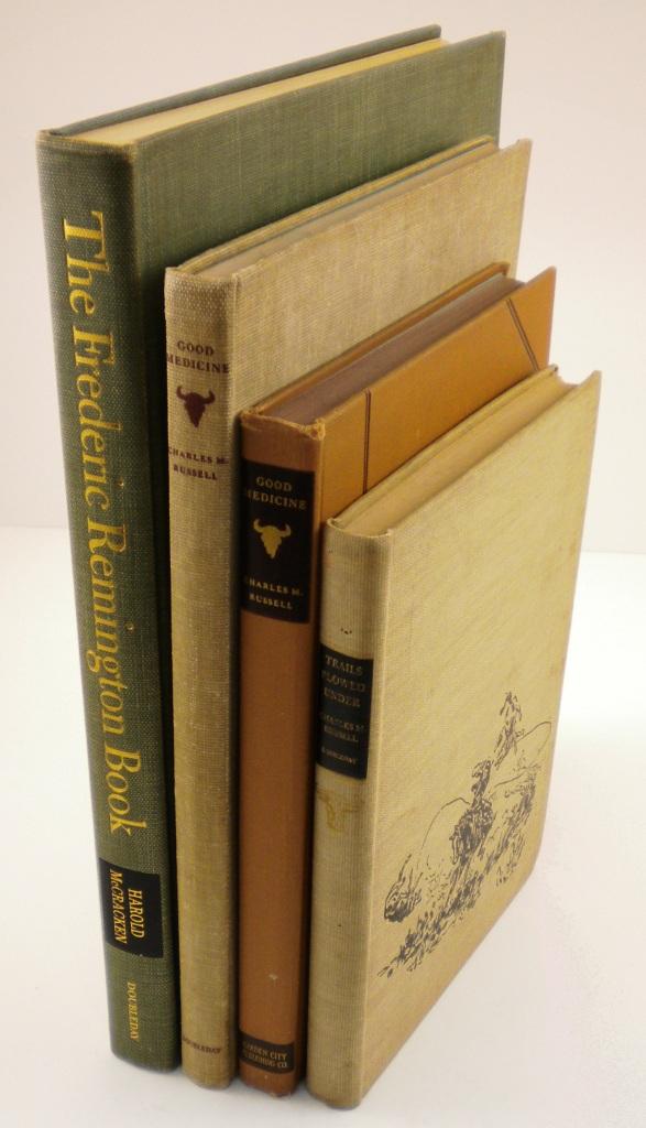 4 Books about Charlie Russell and Frederic Remingt: Books about western artists Russell and Remington. Titles include "Trails Plowed Under,"The Frederick Remington Book," and two copies of "Good Medicine."
