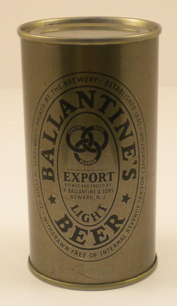Ballantines Export Olive Drab Flat Top Can: Brewed and packed by P. Ballantine & Sons, Newark, New Jersey, 12 Fluid Ounce Can