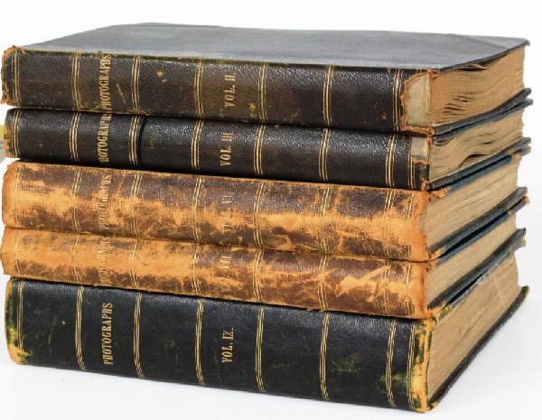 5 Large Leather-Bound Albums of Photographs: 5 albums of photographs and printed images of European artwork, architecture, city views, and people. All five of the volumes have the name of Robert C. Harwell in them, along with dates 1904-1909. Ea