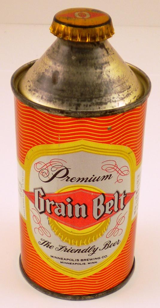 Grain Belt Premium Cone-Top Beer Can: Minneapolis Brewing Co., Minneapolis, Minn. 12 fluid ounces, 4% alcohol.