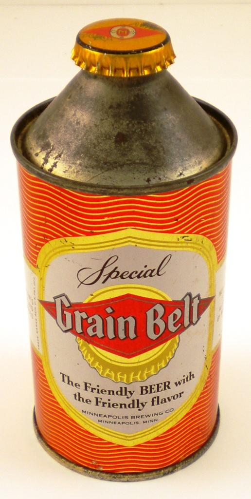 Grain Belt Special Cone-Top Beer Can: Minneapolis Brewing Co., Minneapolis, Minn. 12 fluid ounces. 3.2% alcohol