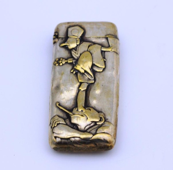 Silver Match Safe: Unusual character design. (No sterling mark found)